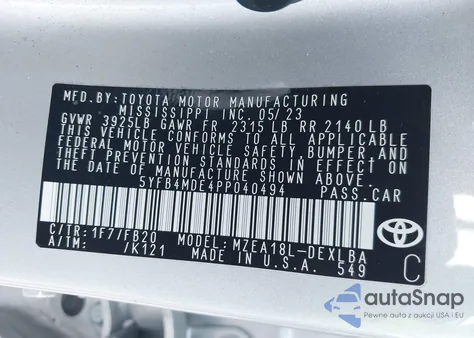 2023 Toyota Corolla Le from USA, damaged, VIN 5YFB4MDE4PP040494